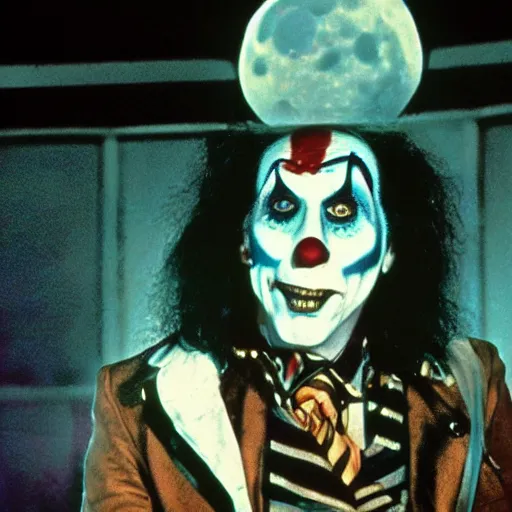 Prompt: a cinematic film still from a 1980s horror film about a Alice cooper clown, vintage, color film still, moon lighting