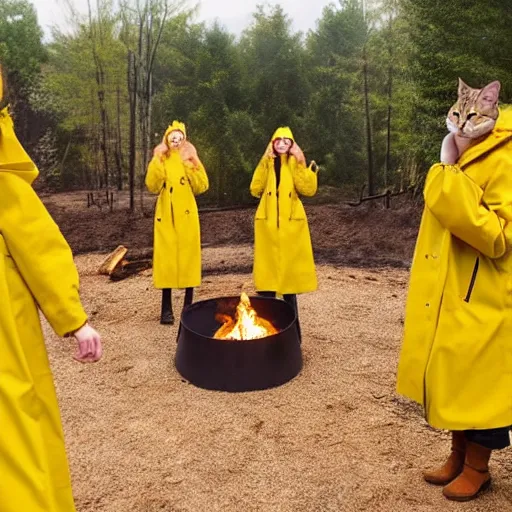 Image similar to a gathering of yellow raincoat wearing cat magicians summon a fire goddess from the depths of a raging fire pit, flames are emerging from fissures in the ground.