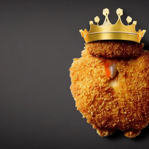 Image similar to breaded chicken with a crown of a king in top of it, hyper realistic, 4k