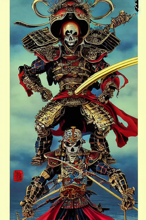 Image similar to poster of crazy skeletor samurai with japanese armor and helmet, by yoichi hatakenaka, masamune shirow, josan gonzales and dan mumford, ayami kojima, takato yamamoto, barclay shaw, karol bak, yukito kishiro