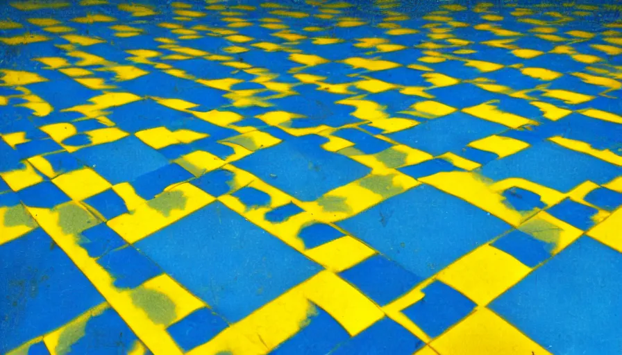 Image similar to 1 9 6 0 s movie still of an empty blue and yellow tiles swimmingpool, low quality, liminal space style