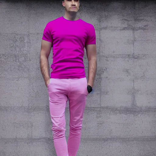 Prompt: bald skinny man in a pink t - shirt and pink pants, photo realistic