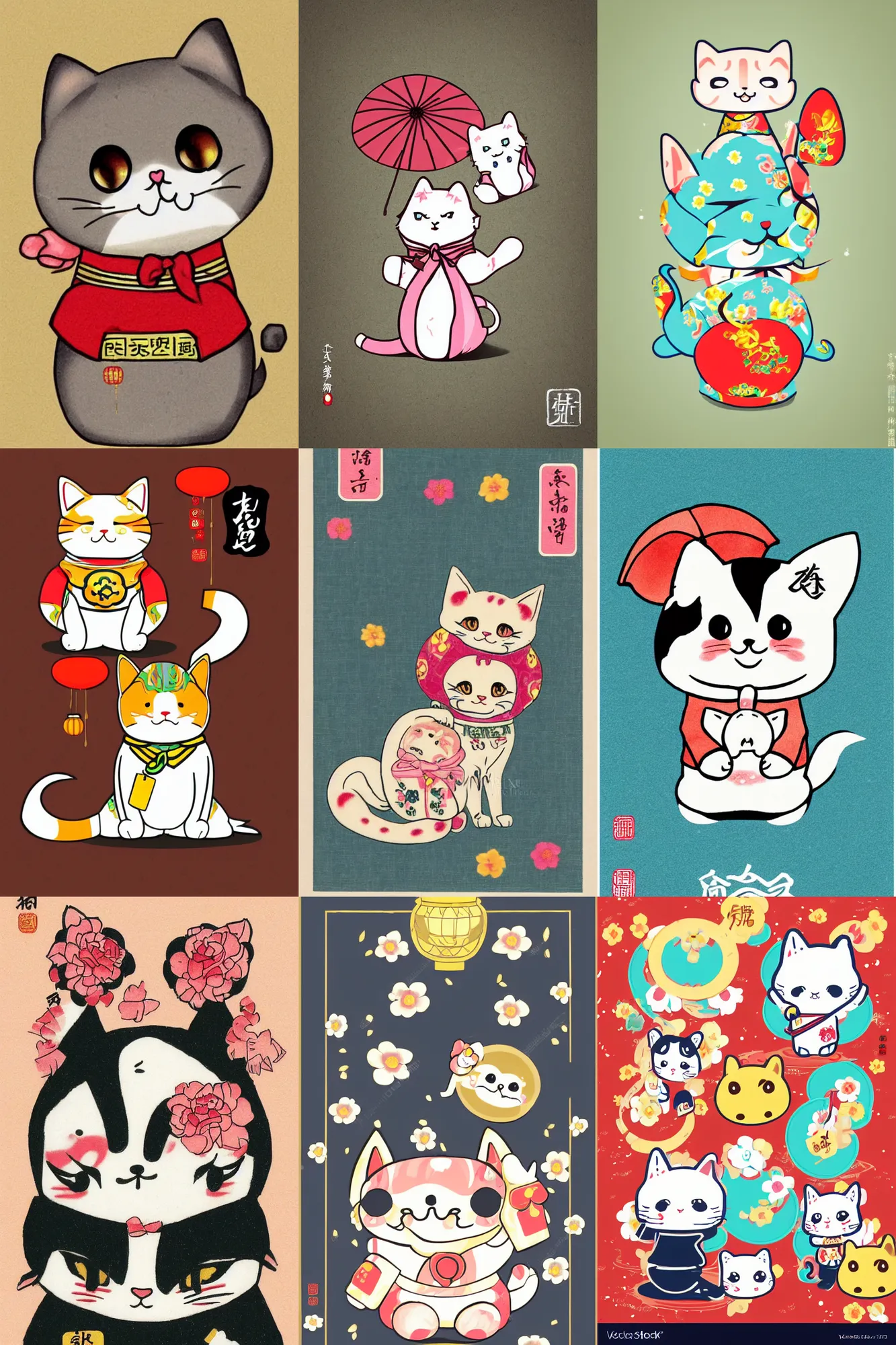 Prompt: Kawaii illustration a Chinese lucky cat, Japanese chibi