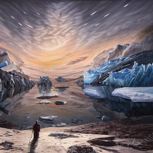 Image similar to menacing absence trailblazer Antarctica glacial cult incomprehensible reality ambience, realistic fantasy, oil painting, extremely high detail, photorealistic, cinematic lighting, oil painting, intricate line drawings, 4k resolution