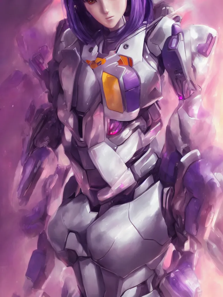 Image similar to A realistic anime portrait of a woman in a Gundam suit with glowing purple, digital painting, by Stanley Artgerm Lau, Sakimichan, WLOP and Rossdraws, digtial painting, trending on ArtStation, SFW version