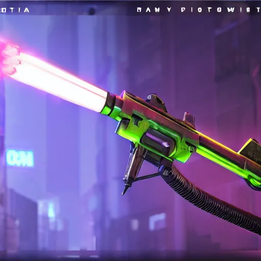 Image similar to plasma flamethrower, neon, cyberpunk, 3 d render, octane, ray tracing, ultra high resolution, ultra detailed, photorealistic
