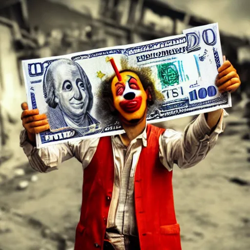 Image similar to A clown holding a dollar banknote, background is a slum, cinematic, epic, highly-detailed, photo realistic