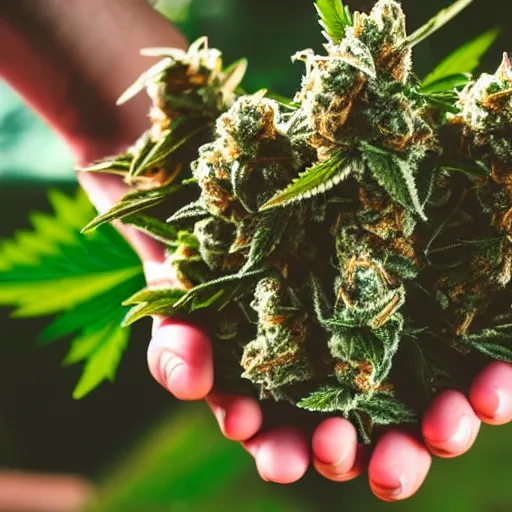 Image similar to photo in first person perspective of hand holding quality marijuana buds, 4 k, pov, phone camera flash
