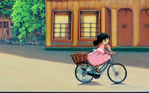 Prompt: a young girl riding a bike with a basket in a small town, 1970s philippines, art by hayao miyazaki, studio ghibli film, hi res, 4k, detailed!!!!!!! face!!!!!!!