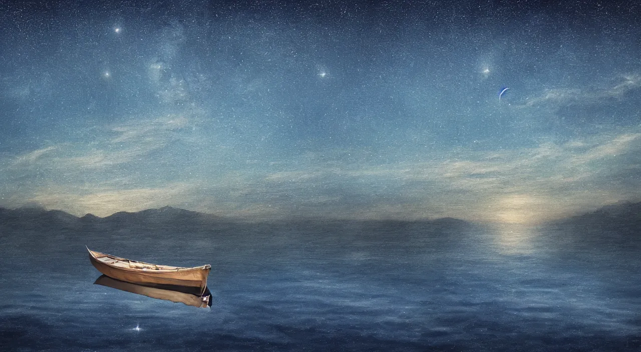 Prompt: Lonely boat on Starry night with clear water blue dark tones realistic