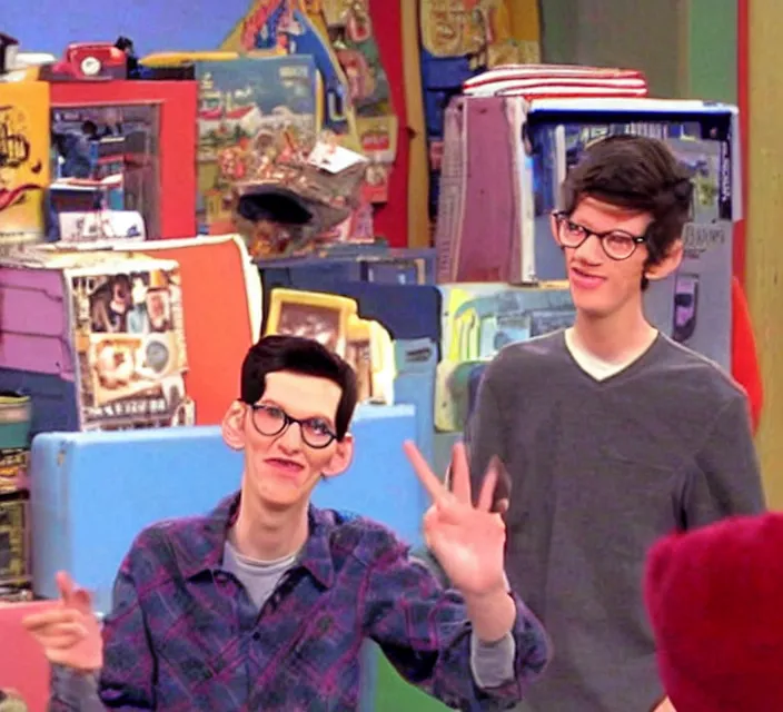 Image similar to a screenshot of neil cicierega introducing himself to the viewers in icarly ( 2 0 0 9 ), low quality