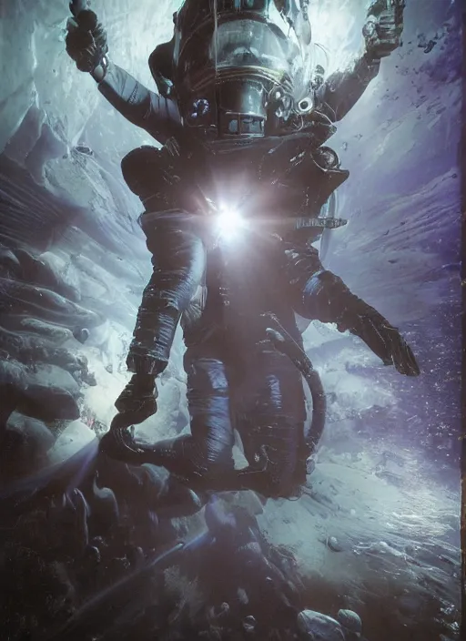 Image similar to astronauts in dark void underwater - complex and hyperdetailed technical suit. reflection and dispersion materials. rays and dispersion of light. volumetric light. f / 3 2. noise film photo. flash photography. ultra realistic, wide angle. poster by wayne barlowe, hajime sorayama aaron horkey, craig mullins