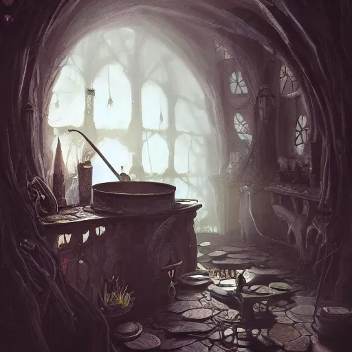 Image similar to interior witch's house with a cauldron smoking, one crow, fantasy art, in the style of greg rutkowski, illustration, epic, fantasy, cinematic, intricate, hyper detailed, artstation, concept art, smooth, sharp focus, ray tracing