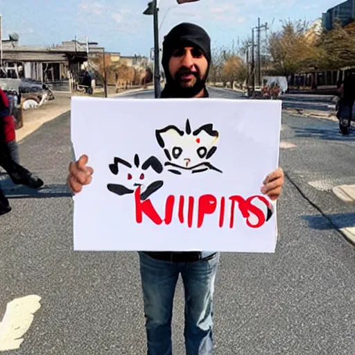 Prompt: photo of emad holding a sign saying free kittens