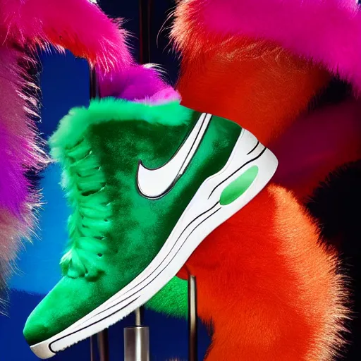 Image similar to poster nike shoe made of very fluffy colorful faux fur placed on reflective surface, professional advertising, overhead lighting, heavy detail, realistic by nate vanhook, mark miner