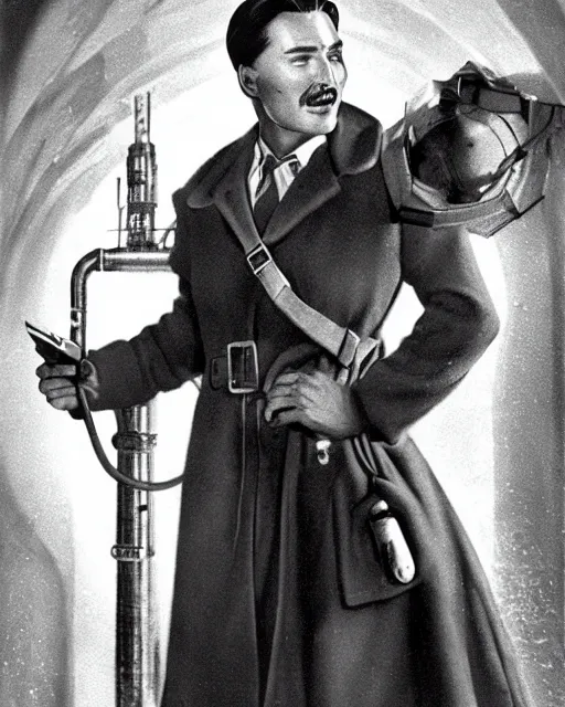 Prompt: Errol Flynn as a scientist. 1980s dystopian Soviet Russia, propaganda screens. Unreal engine, fantasy art by Adolph von Menzel. Faithfully depicted facial expression, perfect anatomy global illumination, radiant light, detailed and intricate environment