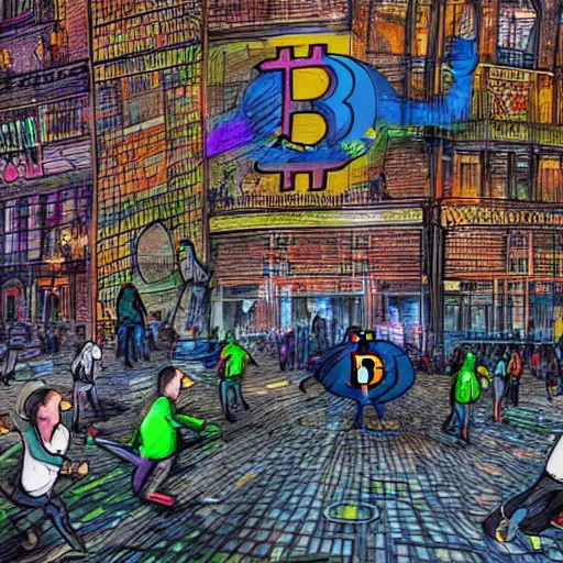 Image similar to bunch of people running away from a bitcoin giant in the city, hyper detailed, hdr, 8 k, bright colors