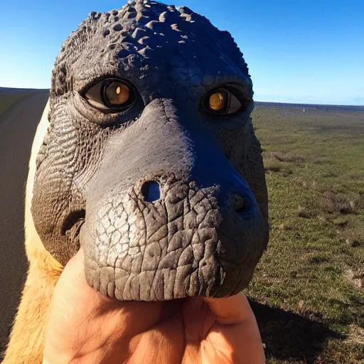 Image similar to photo of T-rex taking a selfie with asteroid in background