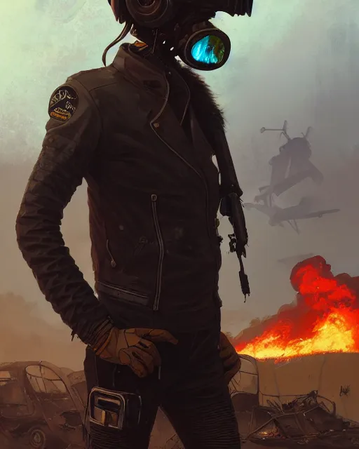 Image similar to a ultradetailed beautiful panting of post apocalyptic biker with helmet in front of crashed airplane burning, by ilya kuvshinov, greg rutkowski and makoto shinkai, trending on artstation