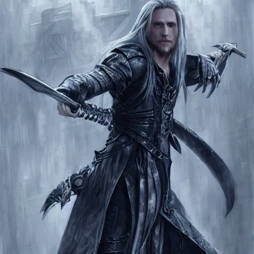 Image similar to charlie hunnam, sephiroth, darkwave, darksynth character portrait, sharp, digital matte painting, art by luis royo, greg rutkowski, wlop, dramatic lighting, trending on artstation