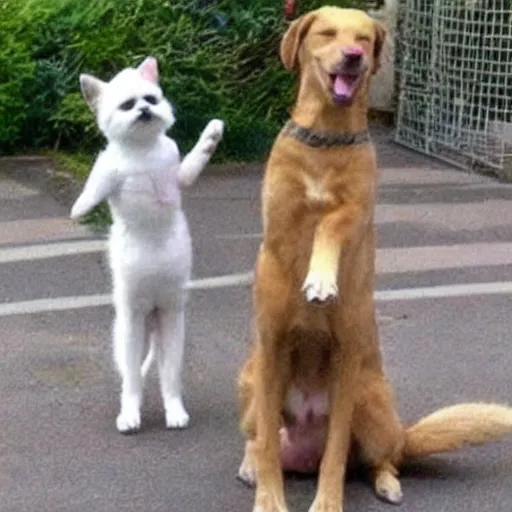 Prompt: dog doing nazi salute in front of cats