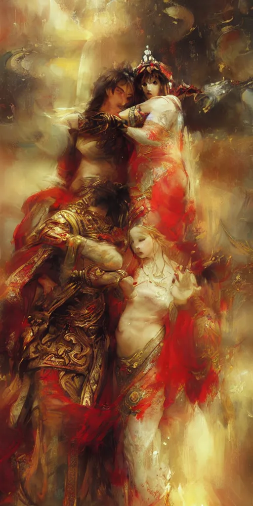 Image similar to greeting card, love, 2 beautiful royal gods, by ruan jia, warm colors, cozy