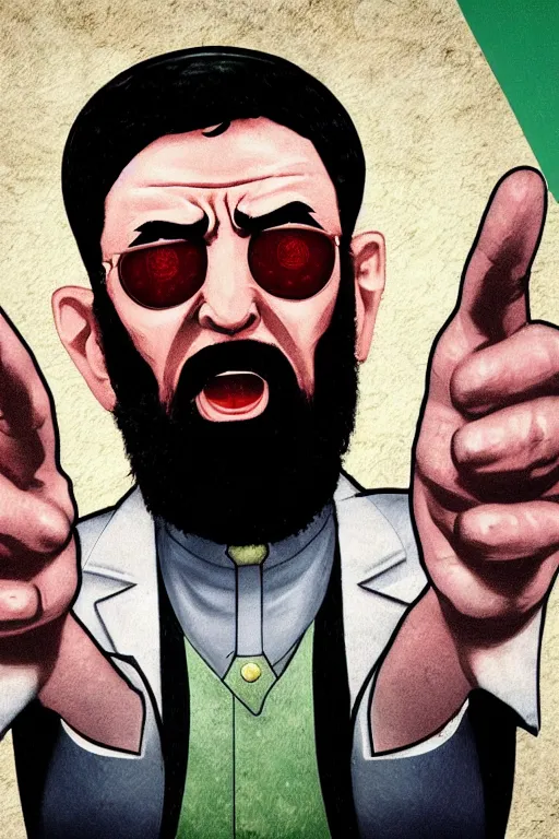 Image similar to angry ali khamenei, with pointing finger, delete duplicating content, parallel content, hyperrealistic anatomy content, violet polsangi pop art, gta chinatown wars art style, extreme quality masterpiece, bioshock infinite art style, incrinate, 2 color, white frame, content balance proportion