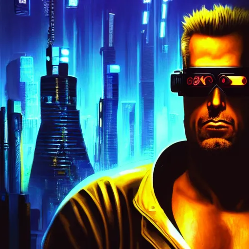 Image similar to a portrait of cyberpunk Duke Nukem wearing reflective surface mirror surface shades mirrorshades, Night City, cyberpunk 2077, neon megacity in the background, angry and bored, illustration, soft lighting, soft details, painting oil on canvas by mark arian by artgerm, trending on artstation, 4k, 8k, HD