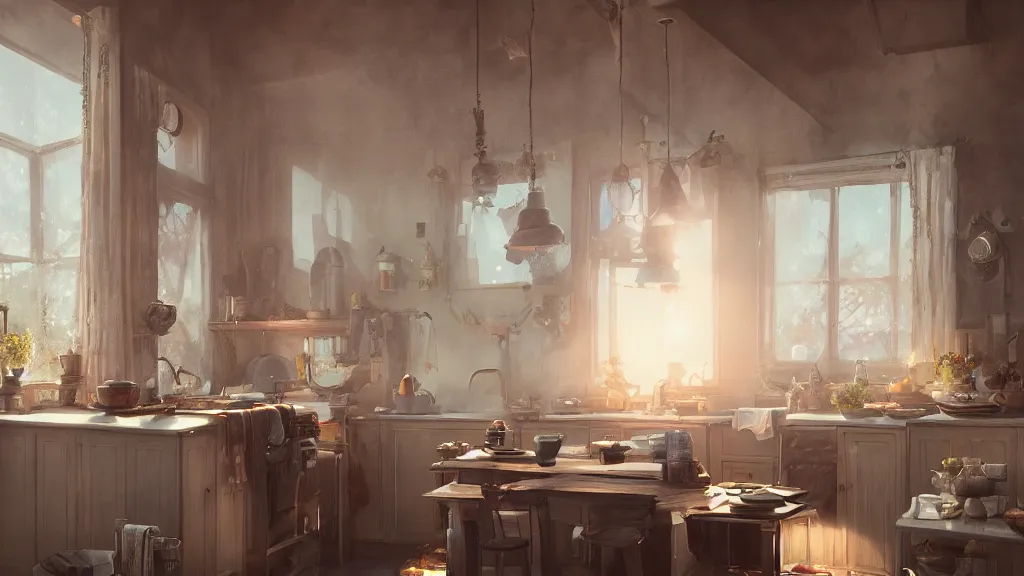Prompt: a photorealistic hyperrealistic render of an interior of a beautifully decorated cozy kitchen by pixar, greg rutkowski, wlop, artgerm, dramatic moody sunset lighting, long shadows, volumetric, cinematic atmosphere, octane render, artstation, 8 k
