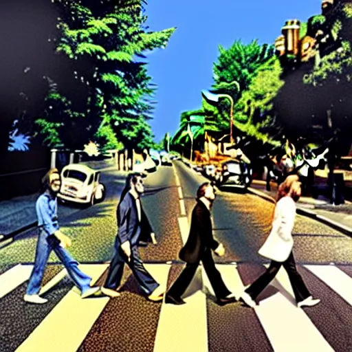 Image similar to The cover of Abbey Road in the style of Tim Burton, HD, Hyper realistic, intricate detail