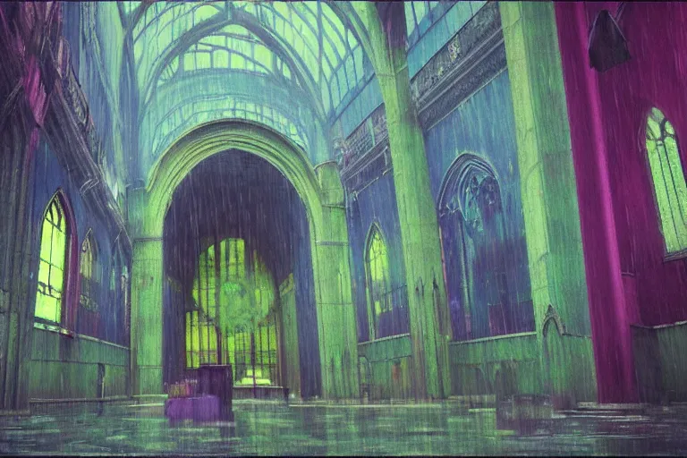 Image similar to abandoned 9 0 s cathedral interior with large organic circular windows, rain like a dream, oil painting, cinematic, dramatic, volumetric lighting, cyberpunk, basquiat + francis bacon + gustav klimt + beeple, elevated street art, fantasy lut, textural, pink, blue, purple, green,