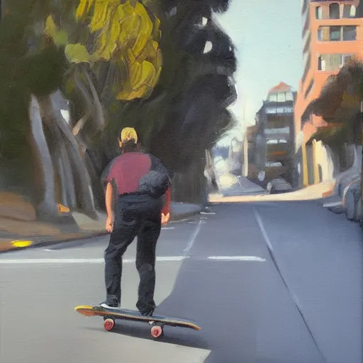 Prompt: a young man riding a longboard down steep street in san Francisco, oil painting