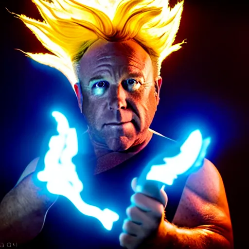 Prompt: uhd candid photo of alex jones as a super sayian, glowing, global illumination, studio lighting, radiant light, detailed, intricate costume. photo by annie leibowitz