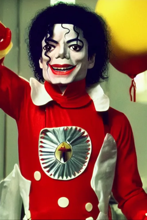 Image similar to film still of michael jackson as ronald mcdonald, full-shot, 4k