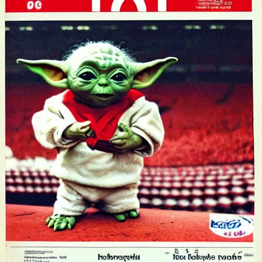 Prompt: Baby yoda dressed as the hungarian national soccer team leader, singing the national anthem in a stadium full of hungarian soccer fans, magazin cover art 1983