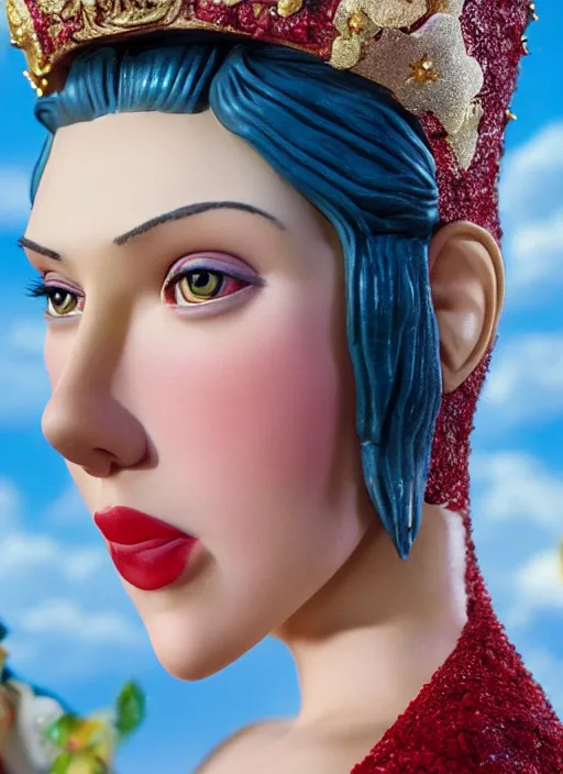 Image similar to closeup face profile portrait of tin toy scarlett johansson as a fairytale princess wearing a crown eating cakes, bikini, depth of field, zeiss lens, detailed, symmetrical, centered, fashion photoshoot, by nicoletta ceccoli, mark ryden, lostfish, breathtaking, 8 k resolution, extremely detailed, beautiful, establishing shot, artistic, hyperrealistic, octane render