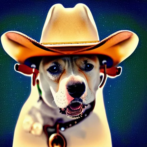 Image similar to a cute dog wearing a cowboy hat,pale colors, google deep dream