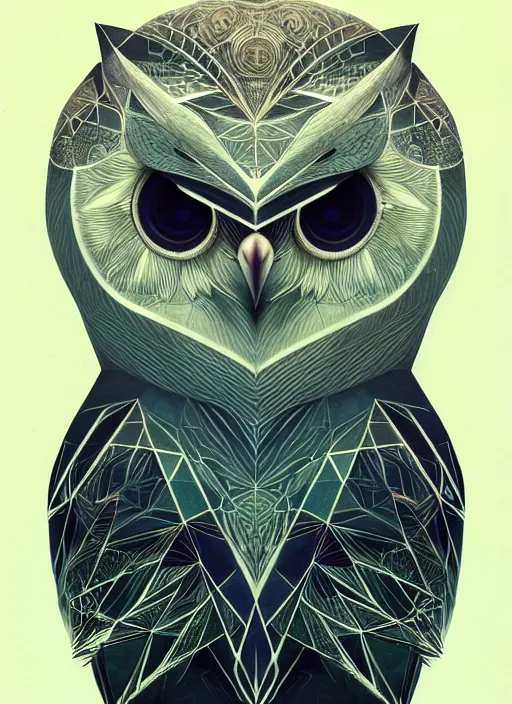 Image similar to portrait of a geometric owl, identical eyes, medium shot, illustration, full body made of white feathers, symmetrical, art stand, super detailed, cinematic lighting, and its detailed and intricate, gorgeous, by peter mohrbacher