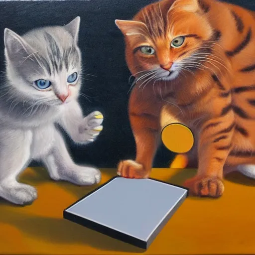 Image similar to Dos gatos jugando al ping pong sobre fondo naranja, oil painting