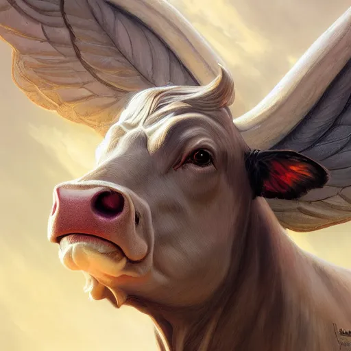 Prompt: a cow with wings, intricate, highly detailed, digital painting, artstation, concept art, smooth, sharp focus, illustration, unreal engine 5, 8 k, art by artgerm and greg rutkowski and alphonse mucha