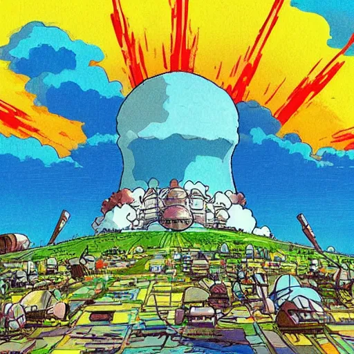 Image similar to a nuclear explosion In the style of Studio Ghibli