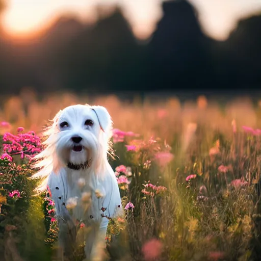 Prompt: white Schnauzer in a field full of flowers, with a sunset, photo realistic