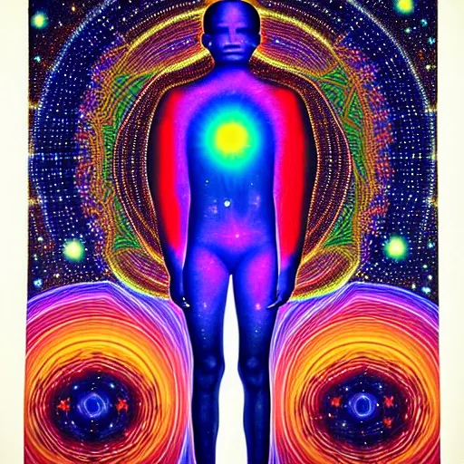 Image similar to A psychedelic silhouette of a human body filled with the universe, planets, stars and galaxies in the style of Alex Grey