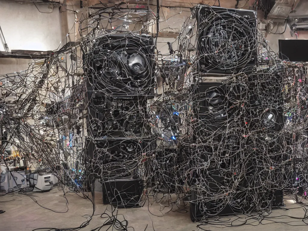 Prompt: a hyper realistic an overwhelming huge speaker stack pa sound system made from intertwining synthesizers and sound speakers and complex wires and led and intricate circuitry