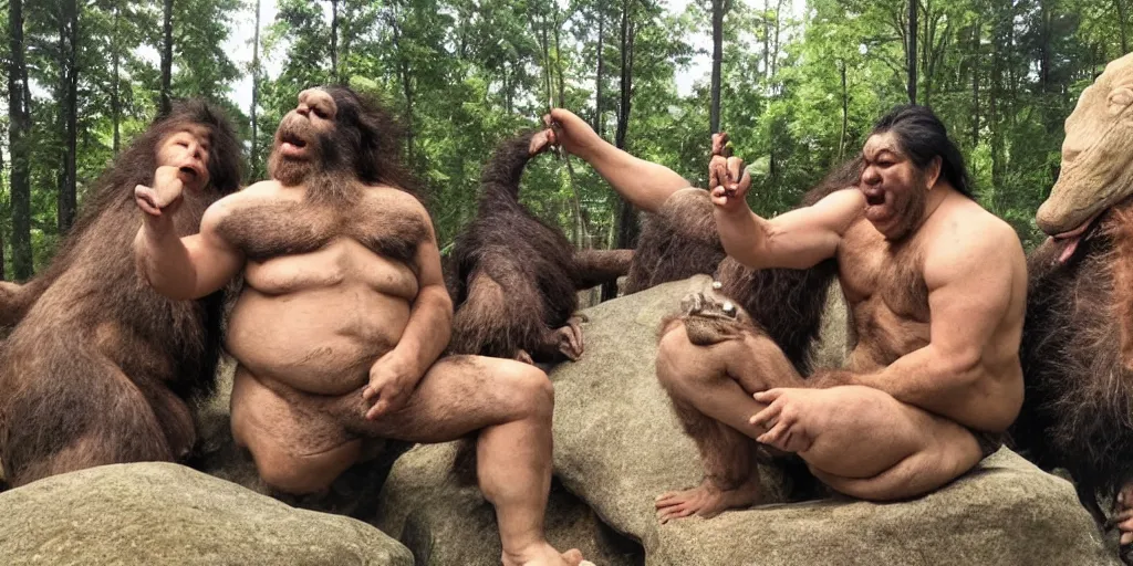 Image similar to photo, three hairy neanderthal people, sumo japanese, eating outside, surrounded by dinosaurs!, gigantic forest trees, sitting on rocks, bright moon, birthday cake on the ground, front view, emma! watson! is among them in bikini