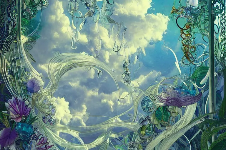 Prompt: a huge flock of many smooth puffy filigreed clouds tangled into whirling ultra detailed crystal specimens, art nouveau jungle environment, playful, award winning art, epic dreamlike fantasy landscape, ultra realistic,