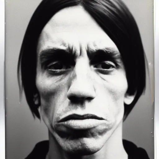 Prompt: Mugshot Portrait of Young Iggy Pop, taken in the 1970s, photo taken on a 1970s polaroid camera, grainy, real life, hyperrealistic, ultra realistic, realistic, highly detailed, epic, HD quality, 8k resolution, body and headshot, film still, front facing, front view, headshot and bodyshot, detailed face, very detailed face