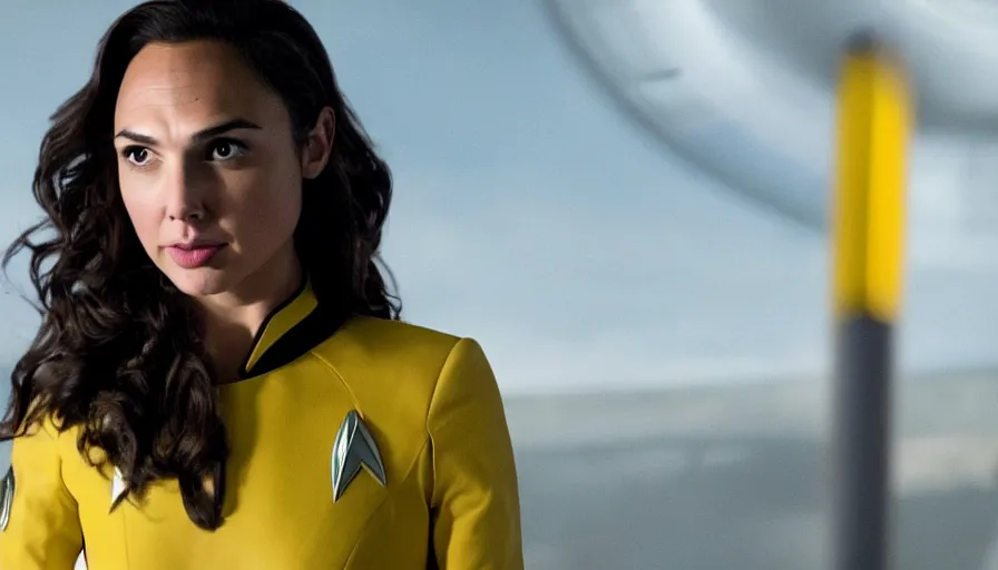 Image similar to Gal Gadot, wearing a yellow uniform, is the captain of the starship Enterprise in the new Star Trek movie