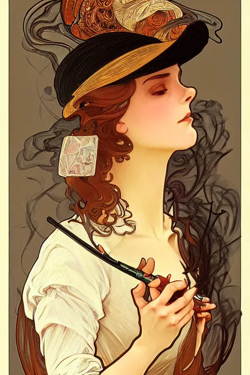 Prompt: Sad woman smoking a gigarette, wearing hat made of smoke and ashes, fantasy, intricate, elegant, highly detailed, digital painting, artstation, concept art, smooth, sharp focus, illustration, art by alphonse mucha and victor vasarely