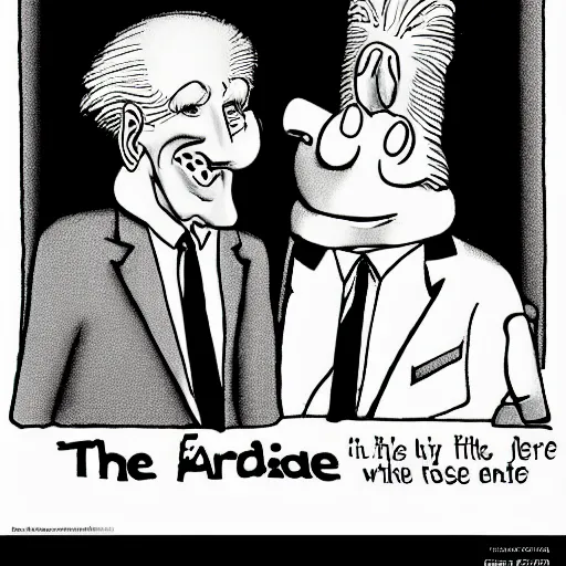 Prompt: The Farside comic of Joe Biden cartoon black and white drawing by Gary Larson